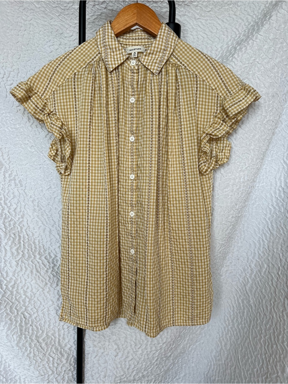 Vintage Mustard Gingham Flutter Sleeve Button-Front Blouse